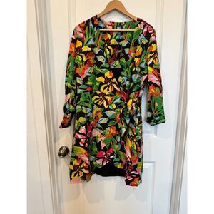 NWT INC Tropical Floral V Neck Wrap Dress L Colorful Print Long Sleeve Midi